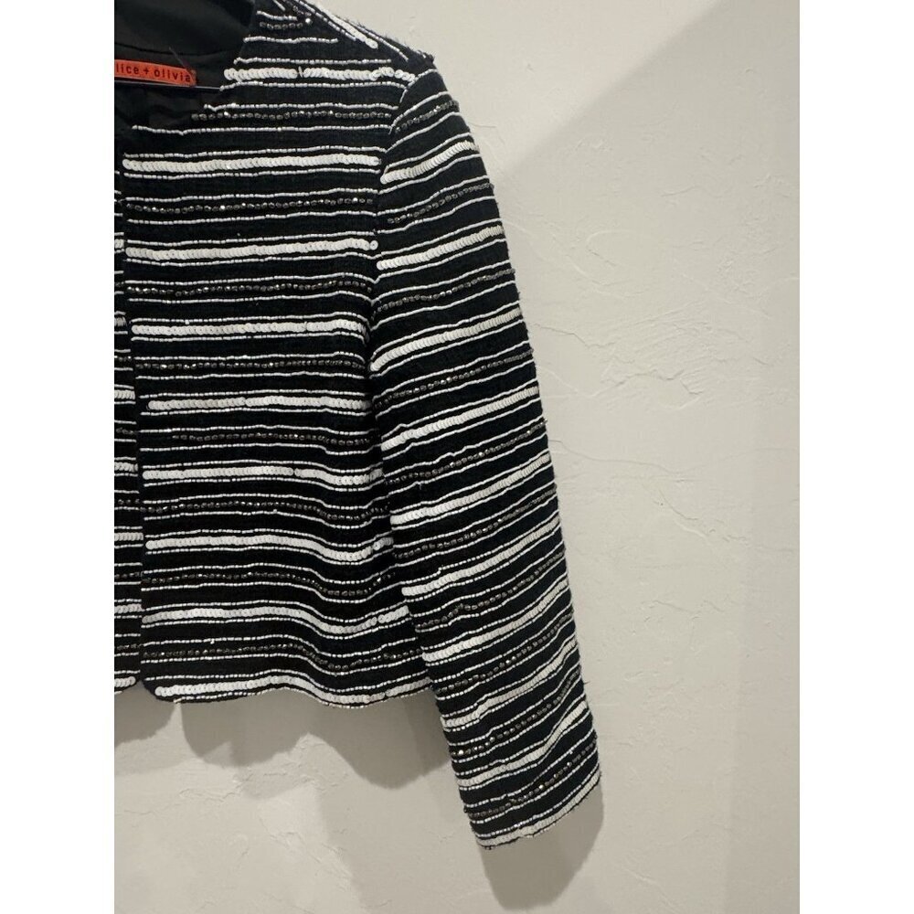 Alice + Olivia Jacket Women's Medium Black White Striped Embellished Sequin Bead - Picture 4 of 11